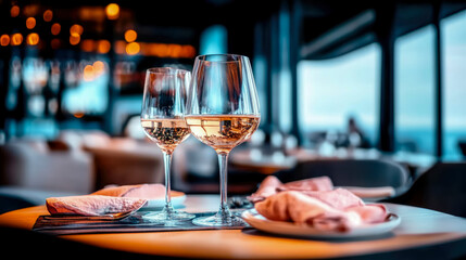 Romantic Dinner Setting with Two Glasses of Rosé Wine at a Luxurious Restaurant