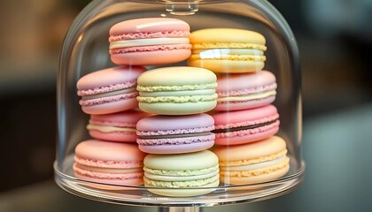 Delicious Pastel Macarons in Glass Dome Display