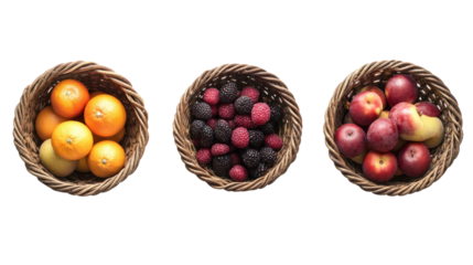Three woven baskets filled with fresh fruits including oranges, berries, and apples, arranged on a white background.