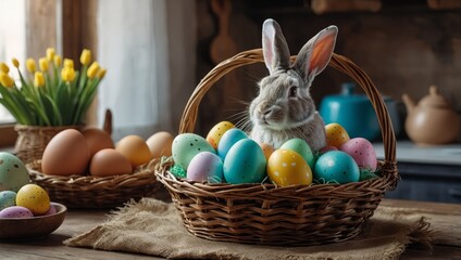  Easter decoration of colorful eggs in a basket and a rabbit on the kitchen table in a rustic style