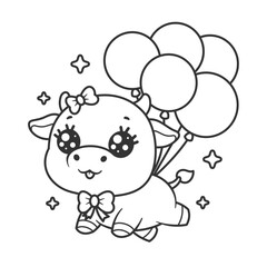 A cute cow floats along with lots of balloons for coloring