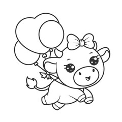 Cute cow flying with balloons for coloring