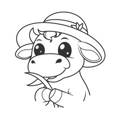 Cute cow is eating grass and wearing a hat for coloring