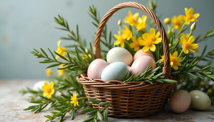  “Easter Eggs in a Basket": Image of a basket filled with Easter eggs decorated with various decorations.