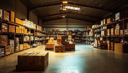 Spacious and organized warehouse filled with merchandise boxes.