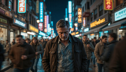 Sad father walking alone in crowded city at night