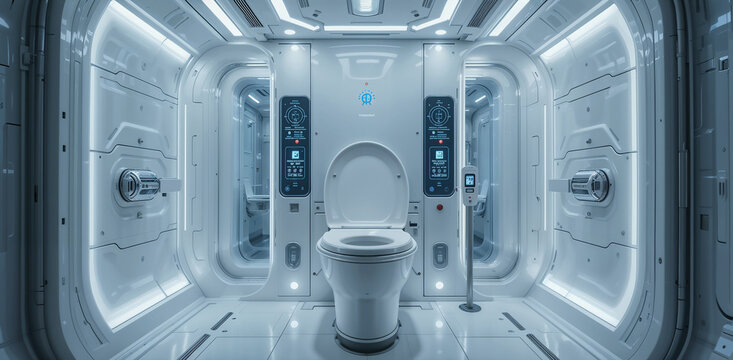 Futuristic restroom interior with neon lighting