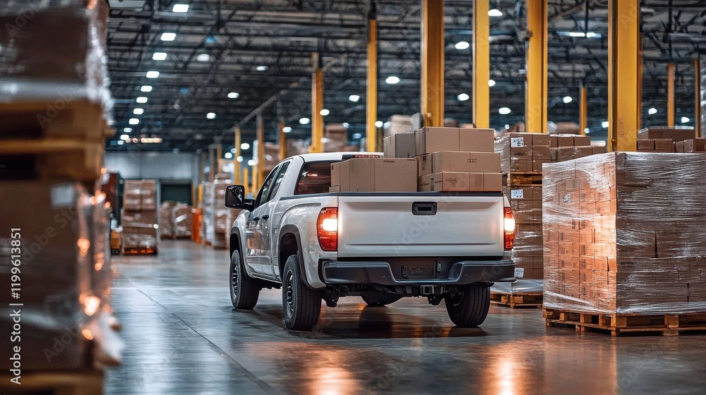 Poster modern warehouse practices for loading pick-up trucks with great efficiency.