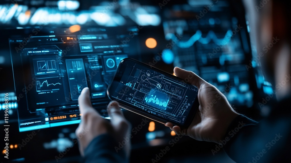 Poster futuristic tech interface: data analysis on smartphone and screen