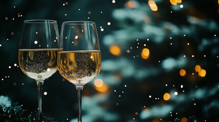 Champagne Celebration with Christmas Tree Lights Bokeh Glitter and Festive Holiday Cheer