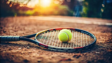 Tennis Racket and Ball on a Clay Court
