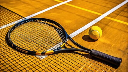 Tennis Racket and Ball on a Yellow Court