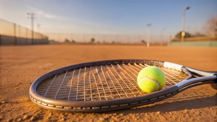 Tennis Racket and Ball on Clay Court at Sunset
