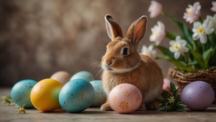 Easter decoration with bunny, Easter eggs and beautiful spring flowers on a blurred light background