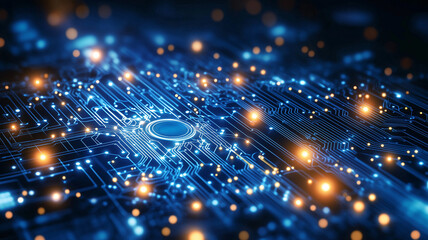 Futuristic blue technology background with glowing circuit patterns and lights, representing advanced digital connections and innovation