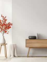 Modern living room with minimalist decor and vibrant flower arrangement in a cozy setting