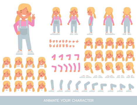 Kid view wear blue denim jumpsuit character vector illustration design. Create your own pose.