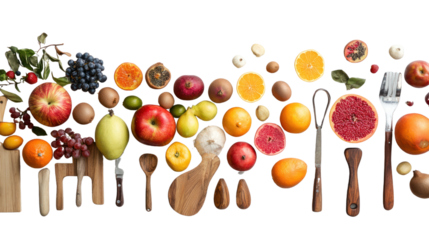 A vibrant arrangement of fresh fruits and wooden kitchen utensils on a white background, ideal for healthy eating and culinary themes.