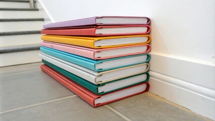 A stack of colorful fresh diary books leaning against a plain white wall, journal, bookshelf