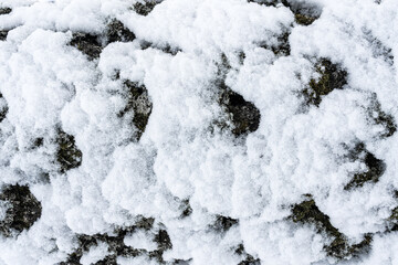 Close-up of snow-covered surface creating a textured winter landscape.