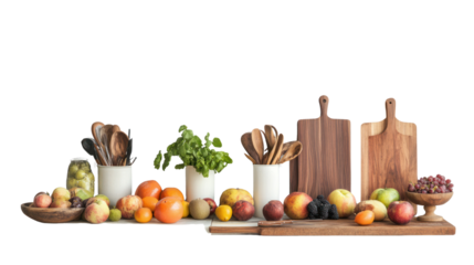 A vibrant collection of fresh fruits, herbs, and kitchen utensils arranged on a wooden table, against a white isolated background.