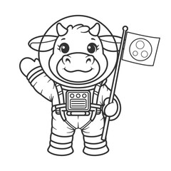 Cow wearing astronaut suit and waving for coloring