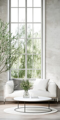 Bright and airy living room with modern decor and large windows overlooking greenery