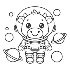 Cow wearing an astronaut suit floating in outer space for coloring