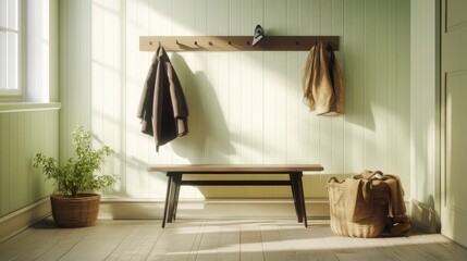 Sunlit Entryway Bench Coats Hanging Basket Plant