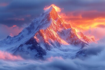 majestic alpine peak piercing through swirling clouds at golden hour, dramatic lighting illuminates snow-covered ridges, pristine glacier valleys, and jagged rock formations