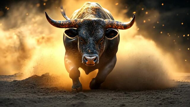 Powerful Black Bull Charging Through Dust Cloud, charging bull, running bull, powerful bull, strong bull, angry bull