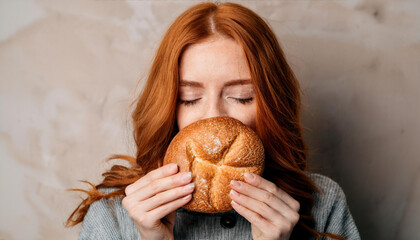 a young woman with red hair is inhaling the smell of fresh bread. she's holding the bread in front of her face with both hands, eyes closed, enjoying the aroma