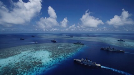 Naval Fleet Sailing Across Azure Ocean Waters
