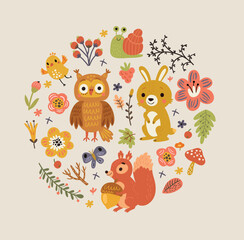 Forest background with cute animals and flowers