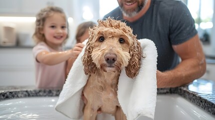 Closeup of a father holding a towel to gently dry their adorable family dog while the children happily assist with the household chore of pet grooming at their cozy home