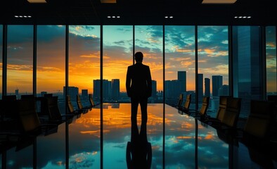 Silhouette of a Businessman Contemplating the City Skyline at Sunset