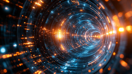 Fototapeta premium mesmerizing abstract tech background featuring swirling blue and orange lights, creating sense of depth and motion. This digital artwork evokes futuristic atmosphere