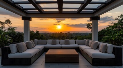 Fototapeta premium Luxury hotel interior showcasing exclusive architecture. Cozy outdoor lounge with sunset view and modern furnishings.