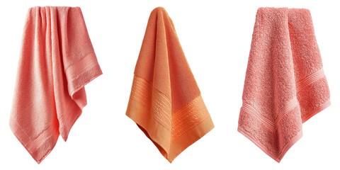 Set of Coral and Orange Towels with Textured Designs.