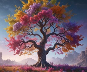 A surreal abstract tree with glowing colorful flowers in a dreamlike environment, cosmic wonder, ethereal atmosphere, glowing blooms