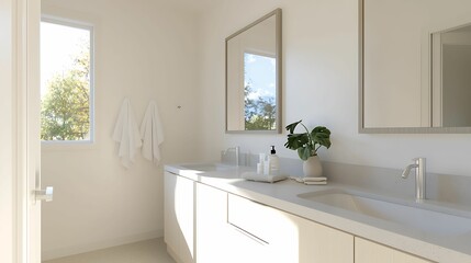 bathroom plumbing storage. A bright, modern bathroom featuring minimalistic design, large mirrors, and a clean aesthetic with natural light streaming in.