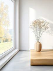 Modern interior design with a wooden vase and sunlit window