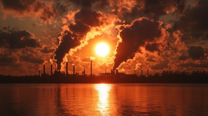 Fototapeta premium Polluted Coastal Scene with Industrial Smoke Against a Dramatic Sunset Reflection