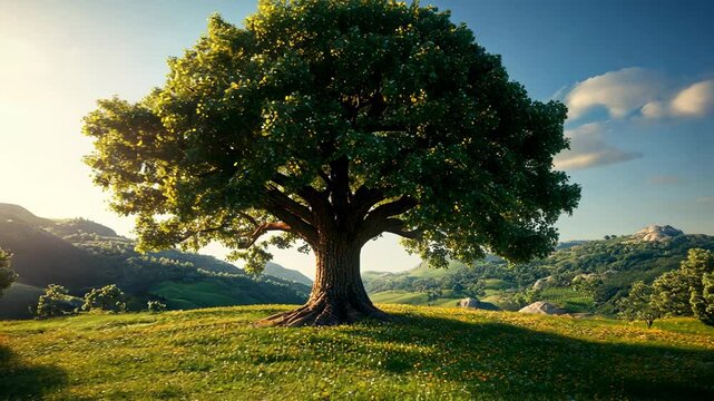 Majestic Oak Tree on a Sunny Hillside, large tree, old tree, big tree, green tree, summer tree