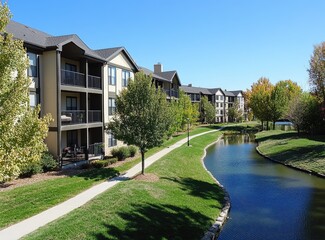 the exterior view from across green grass, trees, and blue sky, showing three-story apartment...