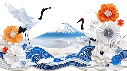 Japanese Cranes  Mount Fuji  Paper Flowers  Waves Art