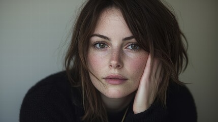 Fototapeta premium Close Up Portrait of a Woman with Natural Makeup and Soft Expression