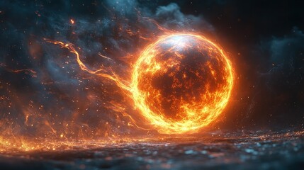Fiery sphere, engulfing flames, dark background.