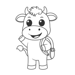 Cute cow carrying a yellow backpack for coloring