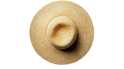 A top view of a stylish straw hat with a wide brim, perfect for summer outings or beach days, isolated on a white background.